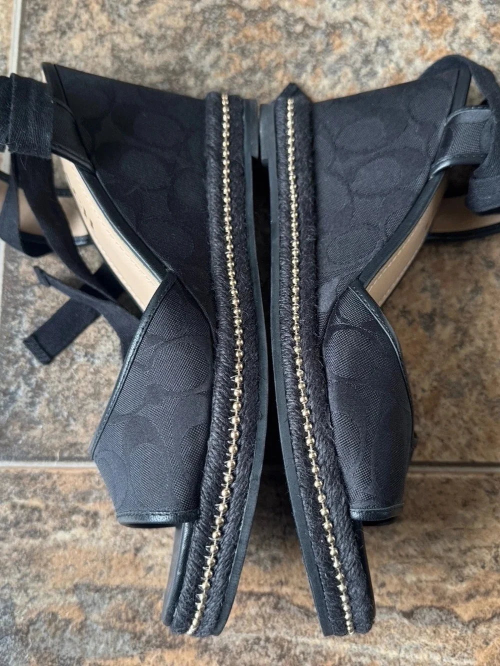 Coach Black Fabric Wedge Sandals with Gold Bead Trim